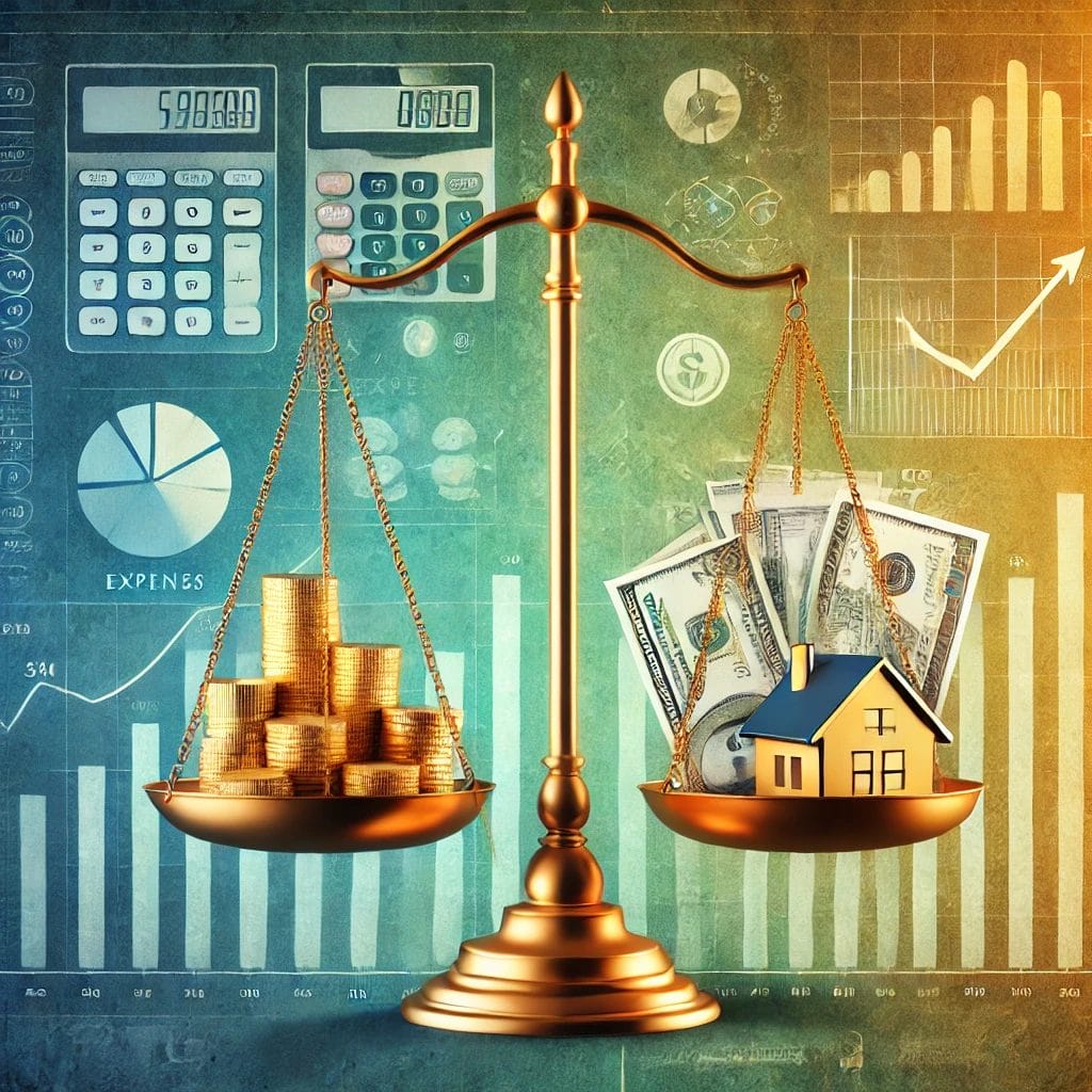 DALL·E 2024 10 10 10.48.35 A symbolic representation of financial balance. A pair of balanced scales where one side holds gold coins and the other side holds a house bills and